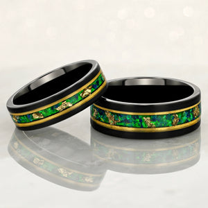 (Couples) “Binary" Tungsten Carbide Black Ring 8mm, 6mm w/ Green Opal, Gold Accents and Gold Leaf - Pristine Pieces By Amy