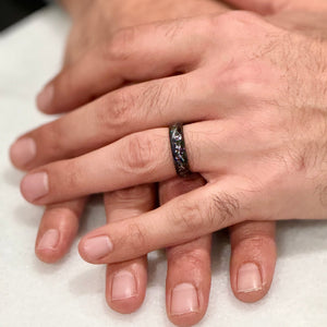 (Couples) "STARDUST" Tungsten Carbide Black Ring 8mm, 6mm, 4mm w/ Meteorite Dust and Silver Specs - Pristine Pieces By Amy