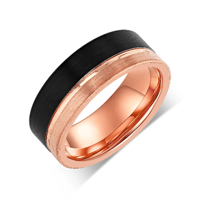 "DIVERGENT" Tungsten Carbide Black Ring 6mm w/ Asymmetrical Rose Gold Line - Pristine Pieces By Amy