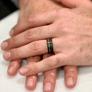 "DIVERGENT" Tungsten Carbide Black Ring 8mm w/ Asymmetrical Yellow Gold Line - Pristine Pieces By Amy