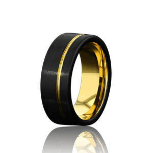 "DIVERGENT" Tungsten Carbide Black Ring 8mm w/ Asymmetrical Yellow Gold Line - Pristine Pieces By Amy