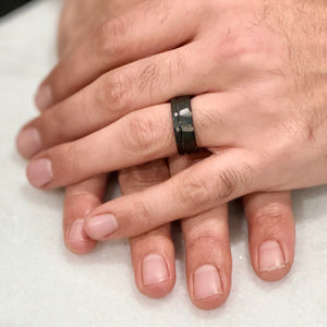 "ECLIPSE" Tungsten Carbide Black Hammered Ring 8mm w/ Asymmetrical Solid Black Line - Pristine Pieces By Amy