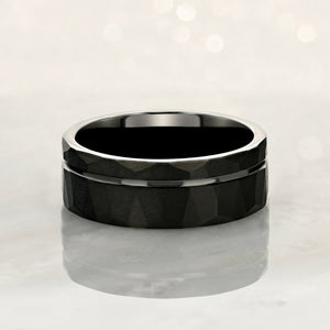 "ECLIPSE" Tungsten Carbide Black Hammered Ring 8mm w/ Asymmetrical Solid Black Line - Pristine Pieces By Amy