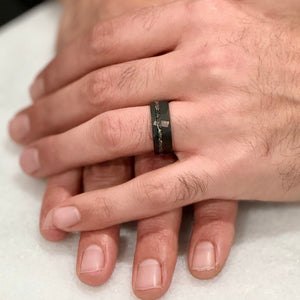 "ECLIPSE" Tungsten Carbide Black Hammered Ring 8mm w/ Crushed Meteorite - Pristine Pieces By Amy