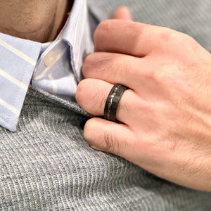 "ECLIPSE" Tungsten Carbide Black Hammered Ring 8mm w/ Crushed Meteorite - Pristine Pieces By Amy