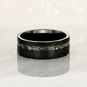 "ECLIPSE" Tungsten Carbide Black Hammered Ring 8mm w/ Crushed Meteorite - Pristine Pieces By Amy