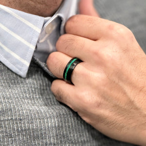 "ECLIPSE" Tungsten Carbide Black Hammered Ring 8mm w/ Green Opal - Pristine Pieces By Amy