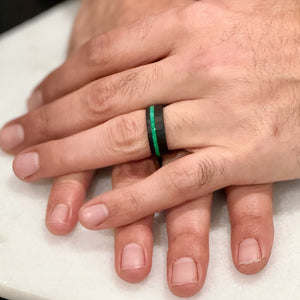 "ECLIPSE" Tungsten Carbide Black Hammered Ring 8mm w/ Green Opal - Pristine Pieces By Amy