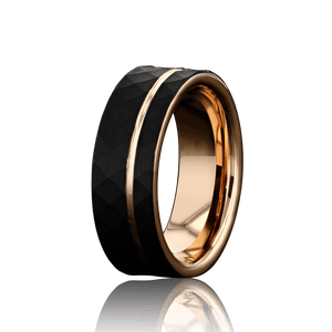 “ECLIPSE” Tungsten Carbide Black Ring 8mm w/ Asymmetrical Rose Gold Line - Pristine Pieces By Amy