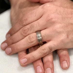 “ECLIPSE” Tungsten Carbide Brushed Silver Ring 8mm w/ Asymmetrical Rose Gold Line - Pristine Pieces By Amy