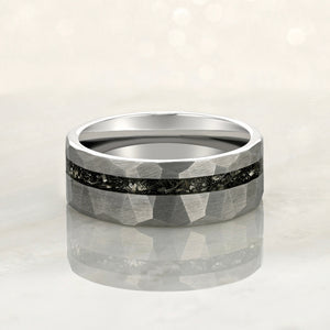 "ECLIPSE" Tungsten Carbide Silver Hammered Ring 8mm w/ Crushed Meteorite - Pristine Pieces By Amy