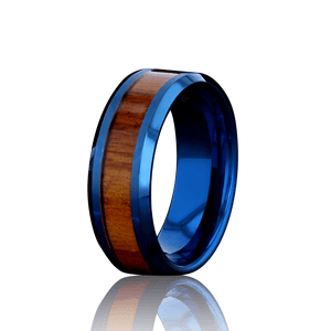 "ELEMENTAL"Tungsten Carbide Blue Ring 8mm w/ Koa Wood - Pristine Pieces By Amy