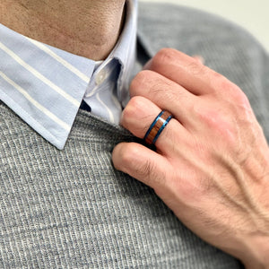 "ELEMENTAL"Tungsten Carbide Blue Ring 8mm w/ Koa Wood - Pristine Pieces By Amy