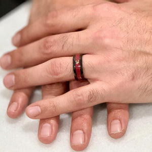 “EMPEROR” Tungsten Carbide Black Ring 8mm w/ Crushed Rubies and Gold Leaf - Pristine Pieces By Amy