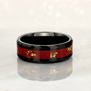 “EMPEROR” Tungsten Carbide Black Ring 8mm w/ Crushed Rubies and Gold Leaf - Pristine Pieces By Amy