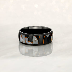 "ENIGMA" Tungsten Carbide Black Ring 8mm w/ Black Capiz and Mother of Pearl - Pristine Pieces By Amy