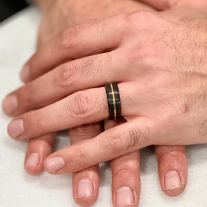 "EQUINOX" Tungsten Carbide Black Ring 8mm w/ Gold Middle Line - Pristine Pieces By Amy