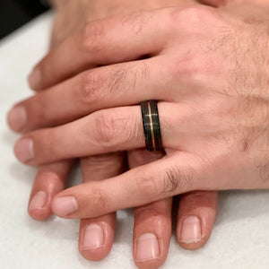 "EQUINOX" Tungsten Carbide Black Ring 8mm w/ Rose Gold Middle Line - Pristine Pieces By Amy