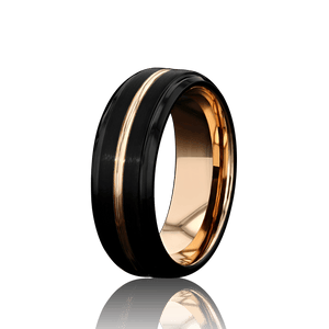 "EQUINOX" Tungsten Carbide Black Ring 8mm w/ Rose Gold Middle Line - Pristine Pieces By Amy