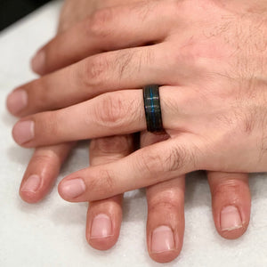 "EQUINOX" Tungsten Carbide Black Ring 8mm w/Blue Middle Line - Pristine Pieces By Amy