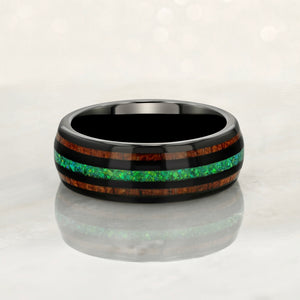 "HALO" Tungsten Carbide Black Ring 8mm w/ Green Opal and Koa Wood - Pristine Pieces By Amy