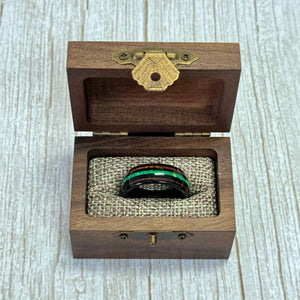 "HALO" Tungsten Carbide Black Ring 8mm w/ Green Opal and Koa Wood - Pristine Pieces By Amy