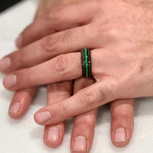 "HALO" Tungsten Carbide Black Ring 8mm w/ Green Opal and Koa Wood - Pristine Pieces By Amy