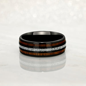 "HALO" Tungsten Carbide Black Ring 8mm w/ White Turquoise and Koa Wood - Pristine Pieces By Amy