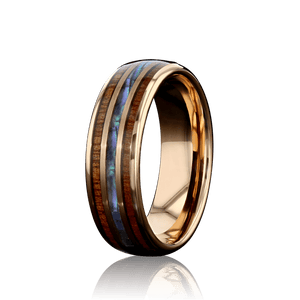 "HALO" Tungsten Carbide Rose Gold Ring 8mm w/ Abalone and Koa Wood - Pristine Pieces By Amy