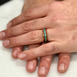 "HALO" Tungsten Carbide Rose Gold Ring 8mm w/ Blue Opal and Koa Wood - Pristine Pieces By Amy