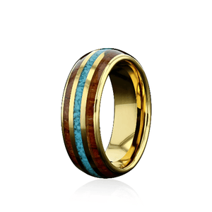 "HALO" Tungsten Carbide Yellow Gold Ring 8mm w/ Blue Turquoise and Koa Wood - Pristine Pieces By Amy