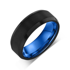 "CHROMATIC"  Tungsten Carbide Black Ring 8mm w/ Stepped Edges and Blue Inside