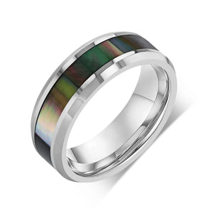 “IRIDESCENCE” Tungsten Carbide Silver Ring 8mm w/ Blue-Green Abalone