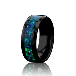 “IRIDESCENCE” Tungsten Carbide Black Ring 8mm w/ Blue - Green Opal - Pristine Pieces By Amy