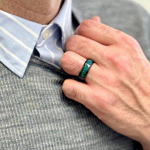 “IRIDESCENCE” Tungsten Carbide Black Ring 8mm w/ Blue - Green Opal - Pristine Pieces By Amy