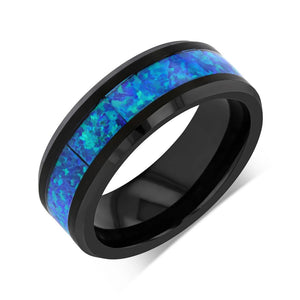 “IRIDESCENCE” Tungsten Carbide Black Ring 8mm w/ Blue Opal - Pristine Pieces By Amy