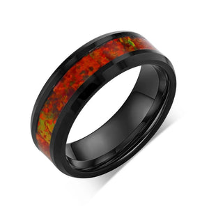 “IRIDESCENCE” Tungsten Carbide Black Ring 8mm w/ Red Opal - Pristine Pieces By Amy