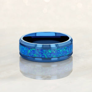 “IRIDESCENCE” Tungsten Carbide Blue Ring 8mm w/ Blue Opal - Pristine Pieces By Amy