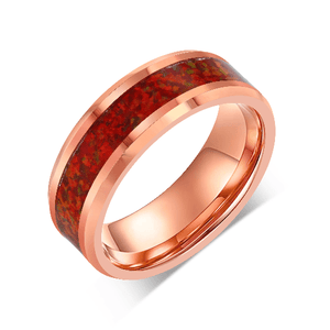 “IRIDESCENCE” Tungsten Carbide Rose Gold Ring 8mm w/ Red Opal - Pristine Pieces By Amy