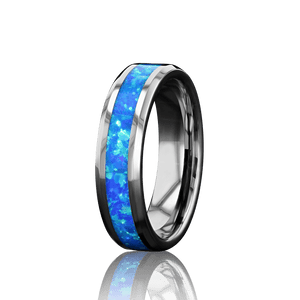 “IRIDESCENCE” Tungsten Carbide Silver Ring 6mm w/ Blue Opal - Pristine Pieces By Amy