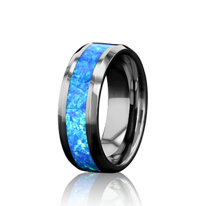 “IRIDESCENCE” Tungsten Carbide Silver Ring 8mm w/ Blue Opal - Pristine Pieces By Amy