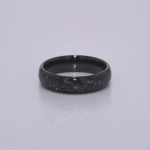 “MOONDUST” Tungsten Carbide Black Ring 6mm w/ Subtle Blue Moonstone and Meteorite Specs