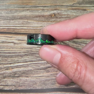 “ARTISAN” Damascus Steel Black Ring 8mm w/Green Opal Mountain Carving