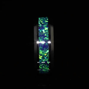 “IRIDESCENCE” Tungsten Carbide Black Ring 8mm w/ Blue-Green Opal