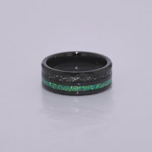 “CELESTIAL” Tungsten Carbide Black Ring 8mm w/ Meteorite and Crushed Green Opal