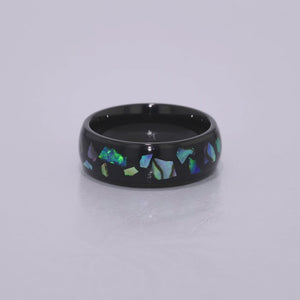 "ENIGMA" Tungsten Carbide Black Ring 8mm w/ Abalone Shell and Opal