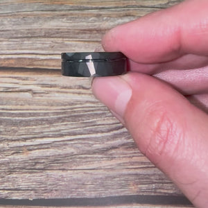 "ECLIPSE" Tungsten Carbide Black Hammered Ring 8mm w/ Asymmetrical Solid Black Line