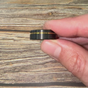"DIVERGENT" Tungsten Carbide Black Ring 8mm w/ Asymmetrical Yellow Gold Line