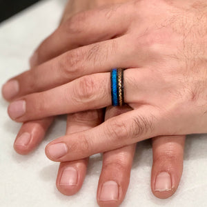 "TETHER" Tungsten Carbide Black Ring 8mm w/ Blue Opal and Rose Gold Weave - Pristine Pieces By Amy