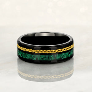 "TETHER" Tungsten Carbide Black Ring 8mm w/ Malachite and Gold Rope - Pristine Pieces By Amy